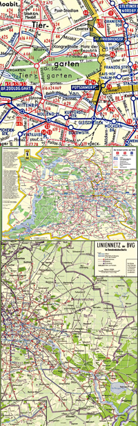 Berlin-Stadtplan mit Liniennetz der BVG-<B>West</B> Mai 1960 und <BR>Berlin-Stadtplan mit Liniennetz der BVG-<B>Ost</B> Juni 1960