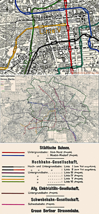 Stadtplan Berlin 1907 mit Planungen der Hochbahn, U-Bahn und Schwebebahn