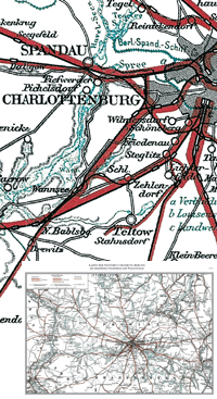 Karte: Berlin-Brandenburg 1896<BR>Karte der weiteren Umgebung Berlins mit sämtlichen Eisenbahnen und Wasserstraßen von 1896