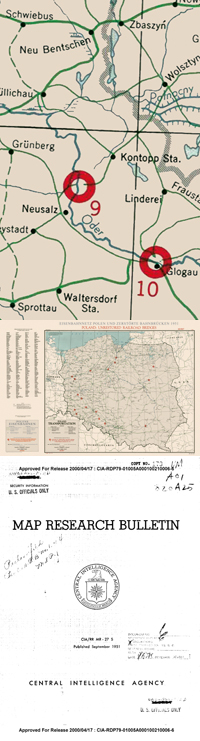 Eisenbahnnetz Polen 1951 <BR>U.S.-Geheimdienst-Karte mit Kennzeichnung zerstörter Eisenbahnbrücken und 12 Seiten CIA-Bulletin